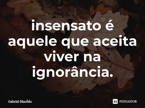 ⁠insensato é aquele que aceita viver na ignorância.... Frase de Gabriel Macedo.