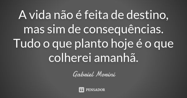 A vida não é feita de destino, mas sim de consequências. Tudo o que planto hoje é o que colherei amanhã.... Frase de Gabriel Morini.