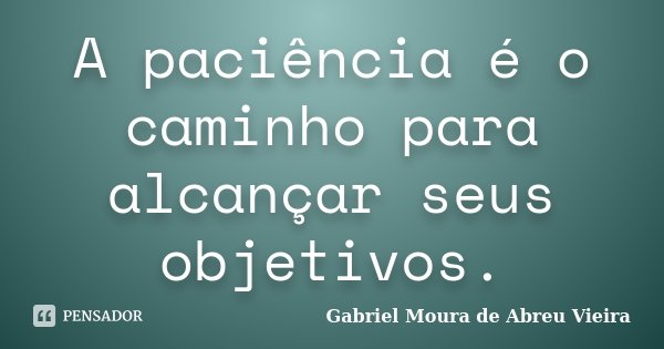 A paciência é o caminho para alcançar seus objetivos.... Frase de Gabriel Moura de Abreu Vieira.