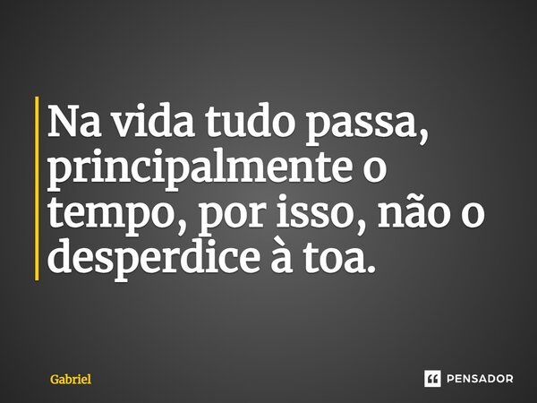 Na vida tudo passa, principalmente o tempo, por isso, não o desperdice à toa.... Frase de Gabriel.