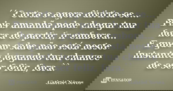 ´´Curta o agora divirta-se... Pois amanhã pode chegar tua hora de partir, ir embora... E quem sabe não está neste instante jogando tua chance de ser feliz, fora... Frase de Gabriel Neves.