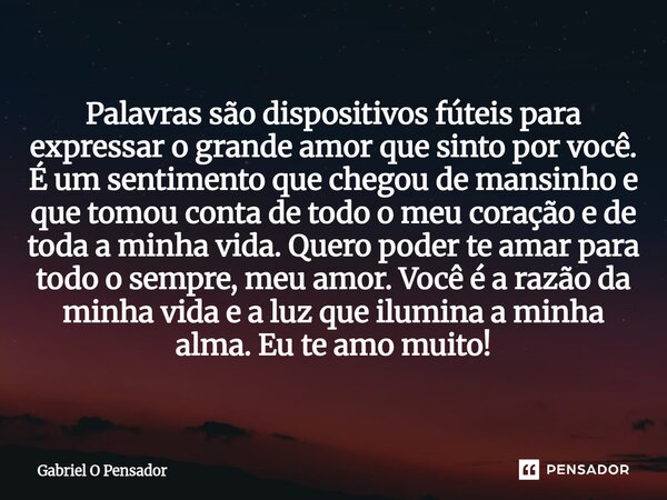 Palavras são dispositivos fúteis para expressar o grande amor que sinto por você. É um sentimento que chegou de mansinho e que tomou conta de todo o meu coraçã... Frase de Gabriel O Pensador.