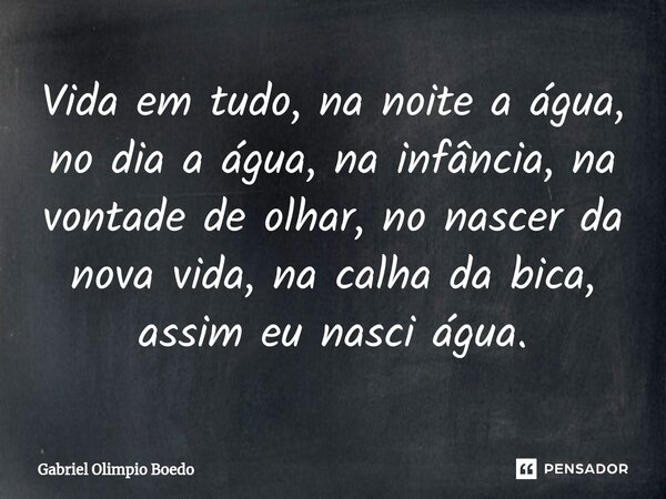 Vida em tudo, na noite ⁠a água, no dia a água, na infância, na vontade de olhar, no nascer da nova vida, na calha da bica, assim eu nasci água.... Frase de Gabriel Olimpio Boedo.