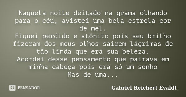 Naquela noite deitado na grama olhando para o céu, avistei uma bela estrela cor de mel. Fiquei perdido e atônito pois seu brilho fizeram dos meus olhos saírem l... Frase de Gabriel Reichert Evaldt.