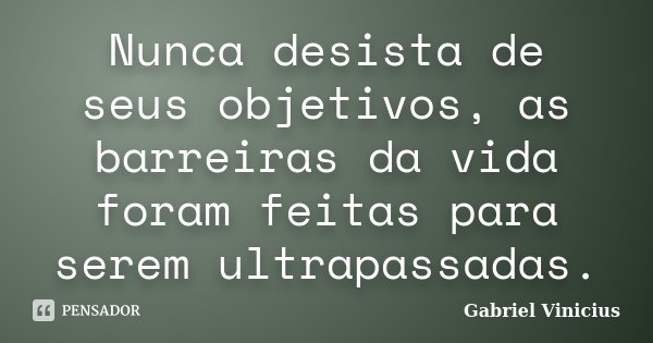 Nunca desista de seus objetivos, as barreiras da vida foram feitas para serem ultrapassadas.... Frase de Gabriel Vinicius.