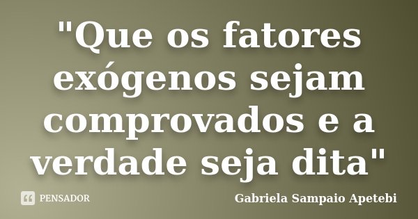 "Que os fatores exógenos sejam comprovados e a verdade seja dita"... Frase de Gabriela Sampaio Apetebi.