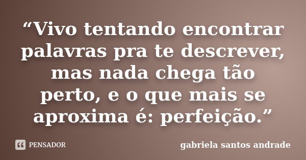 “Vivo tentando encontrar palavras pra te descrever, mas nada chega tão perto, e o que mais se aproxima é: perfeição.”... Frase de gabriela santos andrade.