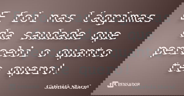 E foi nas lágrimas da saudade que percebi o quanto te quero!... Frase de Gabriela Stacul.