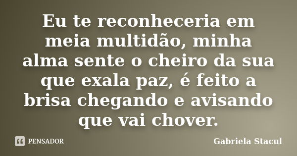 Eu te reconheceria em meia multidão, minha alma sente o cheiro da sua que exala paz, é feito a brisa chegando e avisando que vai chover.... Frase de Gabriela Stacul.