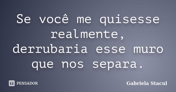 Se você me quisesse realmente, derrubaria esse muro que nos separa.... Frase de Gabriela Stacul.