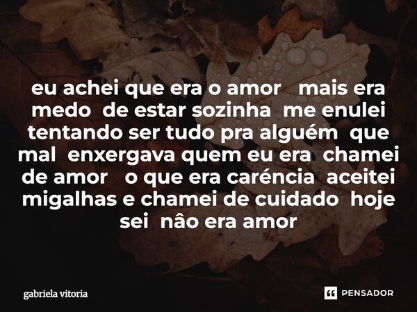 eu achei que era o amor mais era medo de estar sozinha me enulei tentando ser tudo pra alguém que mal enxergava quem eu era chamei de amor o que era caréncia a... Frase de gabriela vitoria.