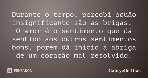 Durante o tempo, percebi oquão insignificante são as brigas. O amor é o sentimento que dá sentido aos outros sentimentos bons, porém dá inicio a abriga de um co... Frase de Gabryelle Dias.