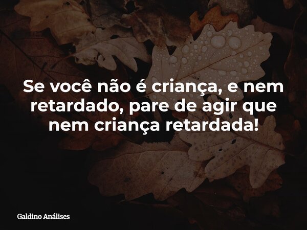 Se você não é criança, e nem retardado, pare de agir que nem criança retardada!... Frase de Galdino Análises.