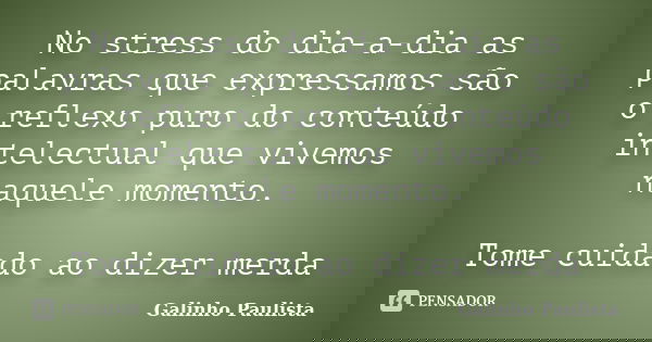 No stress do dia-a-dia as palavras que expressamos são o reflexo puro do conteúdo intelectual que vivemos naquele momento. Tome cuidado ao dizer merda... Frase de Galinho Paulista.