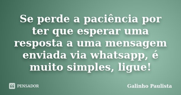 Se perde a paciência por ter que esperar uma resposta a uma mensagem enviada via whatsapp, é muito simples, ligue!... Frase de Galinho Paulista.