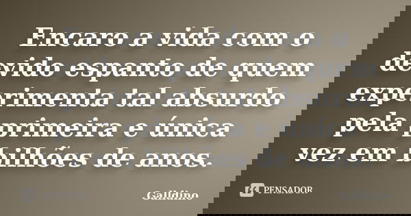 Encaro a vida com o devido espanto de quem experimenta tal absurdo pela primeira e única vez em bilhões de anos.... Frase de Galldino.