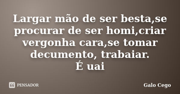 Largar mão de ser besta,se procurar de ser homi,criar vergonha cara,se tomar decumento, trabaiar. É uai... Frase de Galo cego.