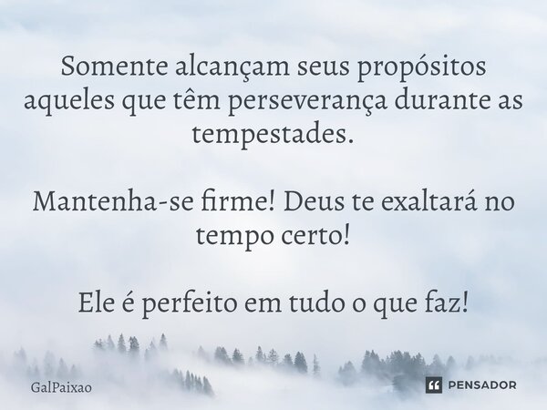 ⁠Somente alcançam seus propósitos aqueles que têm perseverança durante as tempestades. Mantenha-se firme! Deus te exaltará no tempo certo! Ele é perfeito em tud... Frase de GalPaixao.