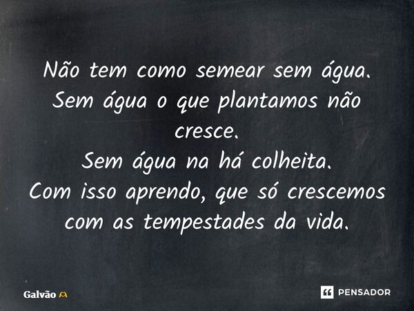 ⁠Não tem como semear sem água. Sem água o que plantamos não cresce. Sem água na há colheita. Com isso aprendo, que só crescemos com as tempestades da vida.... Frase de Galvão.