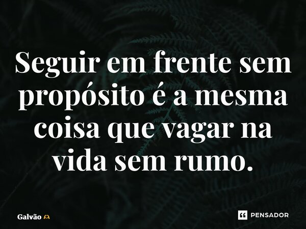 ⁠Seguir em frente sem propósito é a mesma coisa que vagar na vida sem rumo.... Frase de Galvão.