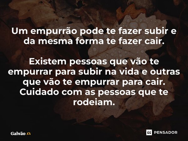 ⁠Um empurrão pode te fazer subir e da mesma forma te fazer cair. Existem pessoas que vão te empurrar para subir na vida e outras que vão te empurrar para cair. ... Frase de Galvão.