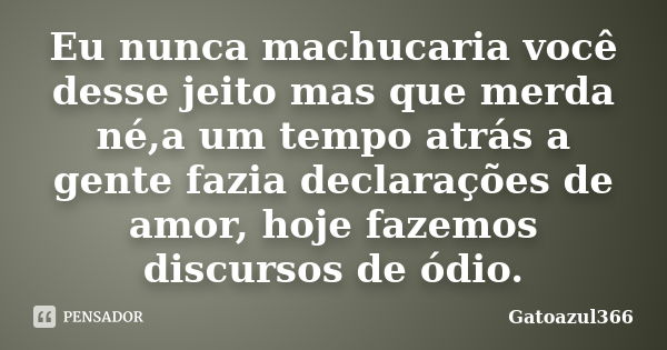 Eu nunca machucaria você desse jeito mas que merda né,a um tempo atrás a gente fazia declarações de amor, hoje fazemos discursos de ódio.... Frase de Gatoazul366.