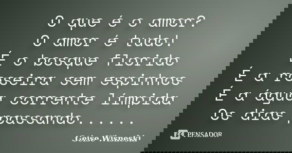 O que é o amor? O amor é tudo! É o bosque florido É a roseira sem espinhos É a água corrente límpida Os dias passando......... Frase de Geise Wisneski.