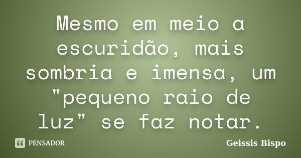 Mesmo em meio a escuridão, mais sombria e imensa, um "pequeno raio de luz" se faz notar.... Frase de Geissis Bispo.