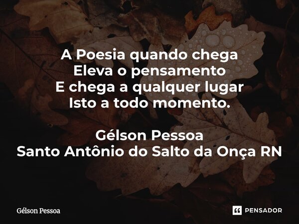 ⁠A Poesia quando chega Eleva o pensamento E chega a qualquer lugar Isto a todo momento. Gélson Pessoa Santo Antônio do Salto da Onça RN... Frase de Gélson Pessoa.
