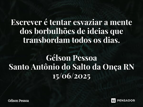 ⁠Escrever é tentar esvaziar a mente dos borbulhões de ideias que transbordam todos os dias. Gélson Pessoa Santo Antônio do Salto da Onça RN 15/06/2025... Frase de Gélson Pessoa.