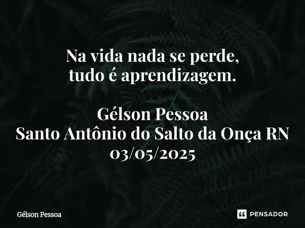 Na vida nada se perde, tudo é aprendizagem. Gélson Pessoa Santo Antônio do Salto da Onça RN 03/05/2025... Frase de Gélson Pessoa.