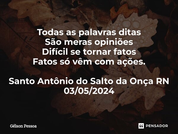 Todas as palavras ditas São meras opiniões Difícil se tornar fatos Fatos só vêm com ações. ⁠Santo Antônio do Salto da Onça RN 03/05/2024... Frase de Gélson Pessoa.