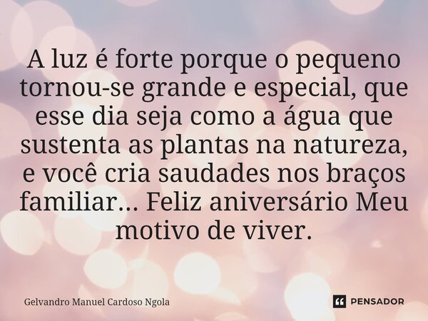 A luz é forte porque o pequeno tornou-se grande e especial, que esse dia seja como a água que sustenta as plantas na natureza, e você cria saudades nos braços ... Frase de Gelvandro Manuel Cardoso Ngola.