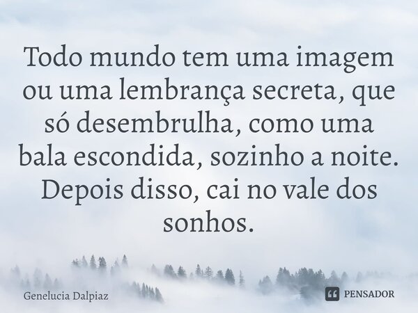 ⁠Todo mundo tem uma imagem ou uma lembrança secreta, que só desembrulha, como uma bala escondida, sozinho a noite. Depois disso, cai no vale dos sonhos.... Frase de Genelucia Dalpiaz.