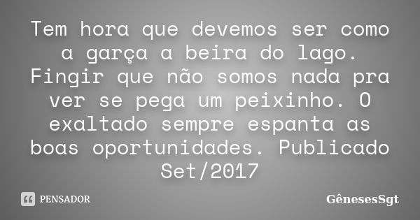 Tem hora que devemos ser como a garça a beira do lago. Fingir que não somos nada pra ver se pega um peixinho. O exaltado sempre espanta as boas oportunidades. P... Frase de GenesesSgt.