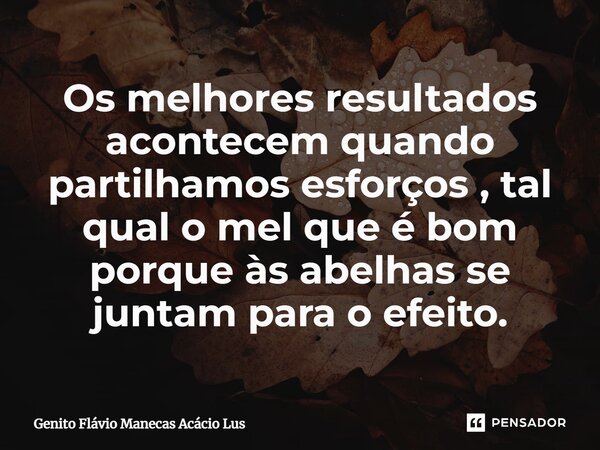 ⁠Os melhores resultados acontecem quando partilhamos esforços , tal qual o mel que é bom porque às abelhas se juntam para o efeito.... Frase de Genito Flávio Manecas Acácio Luís.