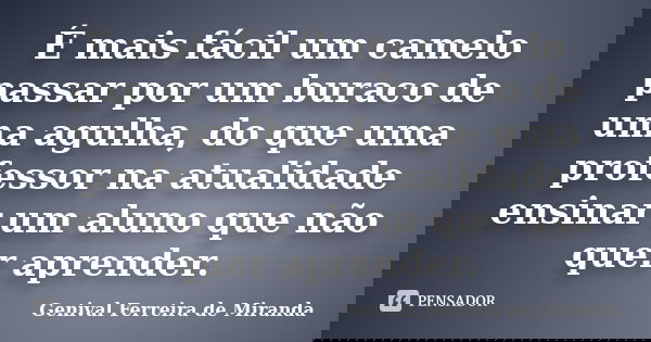 É mais fácil um camelo passar por um buraco de uma agulha, do que uma professor na atualidade ensinar um aluno que não quer aprender.... Frase de Genival Ferreira de Miranda.