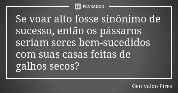 Se voar alto fosse sinônimo de sucesso, então os pássaros seriam seres bem-sucedidos com suas casas feitas de galhos secos?... Frase de Genivaldo Pires.