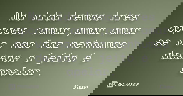 Na vida temos tres opcoes :amar,amar.amar se vc nao faz nenhumas dessas o jeito é apelar.... Frase de Geno.