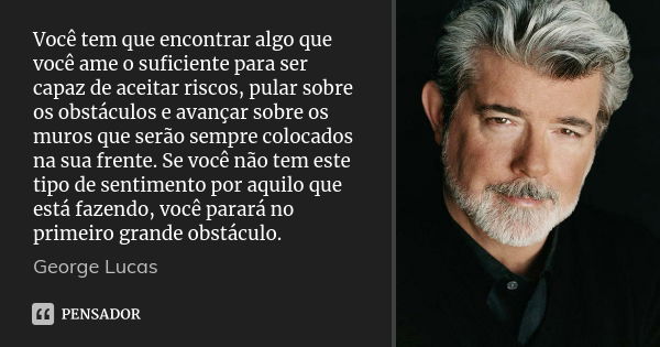 Você tem que encontrar algo que você ame o suficiente para ser capaz de aceitar riscos, pular sobre os obstáculos e avançar sobre os muros que serão sempre colo... Frase de George Lucas.