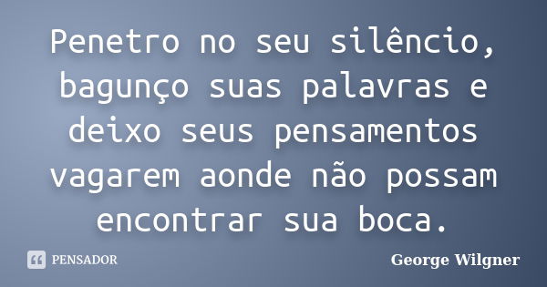 Penetro no seu silêncio, bagunço suas palavras e deixo seus pensamentos vagarem aonde não possam encontrar sua boca.... Frase de George Wilgner.