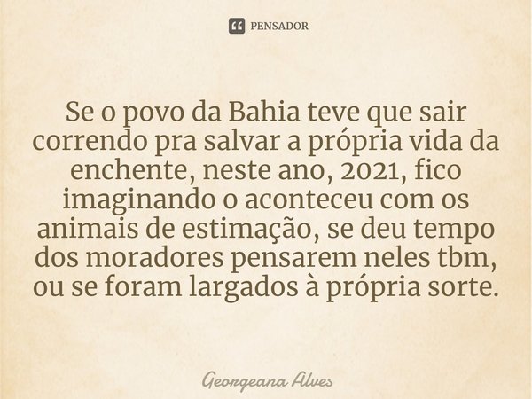 ⁠Se o povo da Bahia teve que sair correndo pra salvar a própria vida da enchente, neste ano, 2021, fico imaginando o aconteceu com os animais de estimação, se d... Frase de Georgeana Alves.