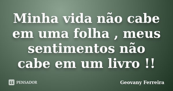 Minha vida não cabe em uma folha , meus sentimentos não cabe em um livro !!... Frase de Geovany Ferreira.