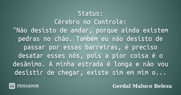 Status: Cérebro no Controle: "Não desisto de andar, porque ainda existem pedras no chão. Também eu não desisto de passar por essas barreiras, é preciso des... Frase de Gerdal Maluco Beleza.