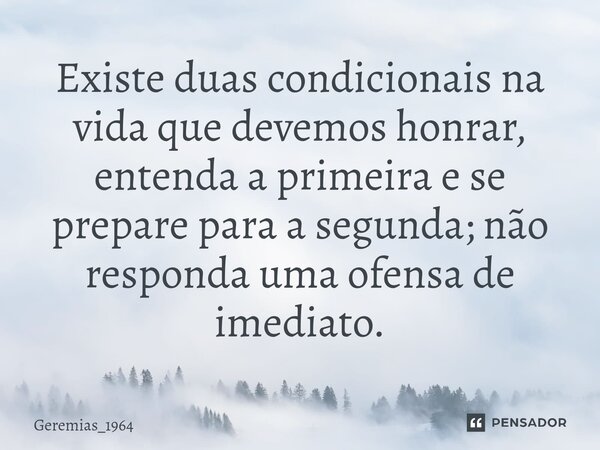 ⁠Existe duas condicionais na vida que devemos honrar, entenda a primeira e se prepare para a segunda; não responda uma ofensa de imediato.... Frase de Geremias_1964.