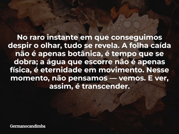 No raro instante em que conseguimos despir o olhar, tudo se revela. A folha caída não é apenas botânica, é tempo que se dobra; a água que escorre não é apenas f... Frase de Germanocandimba.