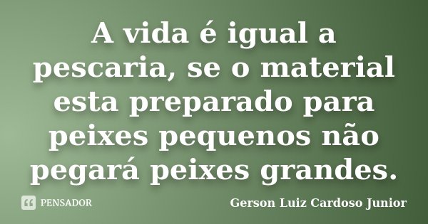 A vida é igual a pescaria, se o material esta preparado para peixes pequenos não pegará peixes grandes.... Frase de Gerson Luiz Cardoso Junior.