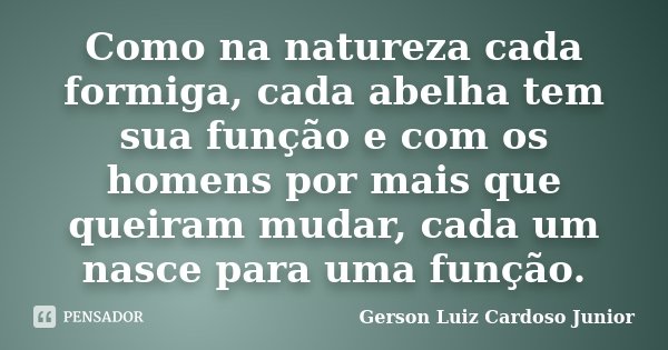Como na natureza cada formiga, cada abelha tem sua função e com os homens por mais que queiram mudar, cada um nasce para uma função.... Frase de Gerson Luiz Cardoso Junior.