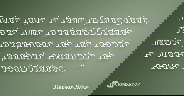 Tudo que é bem planejado, terá uma probabilidade mais propensa de da certo e você poderá exaurir de seus resultados. "... Frase de Gerson Silva.