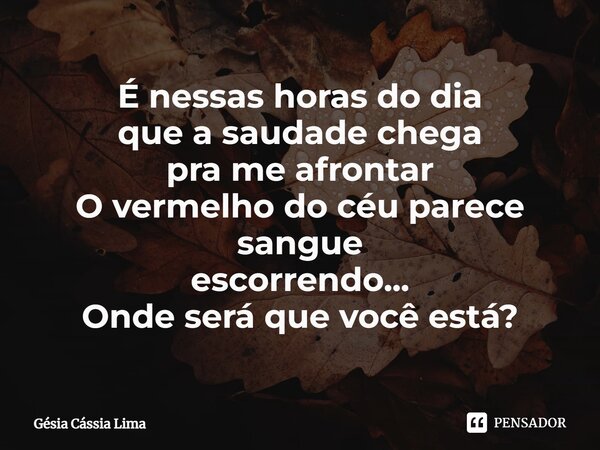 É nessas horas do dia que a saudade chega pra me afrontar O vermelho do céu parece sangue escorrendo... Onde será que você está?⁠... Frase de Gésia Cássia Lima.